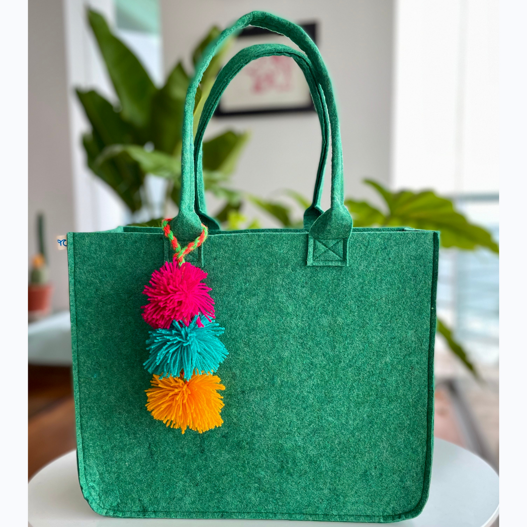 Eco-friendly Tote Bag Handmade with Soft Felt Fiber from Recycled Acrylic with Pompoms included